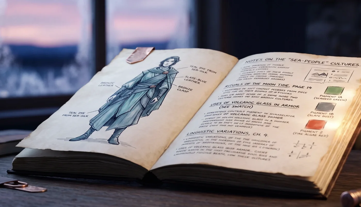An open world bible with a character costume study and structured culture notes, by a frost-edged window