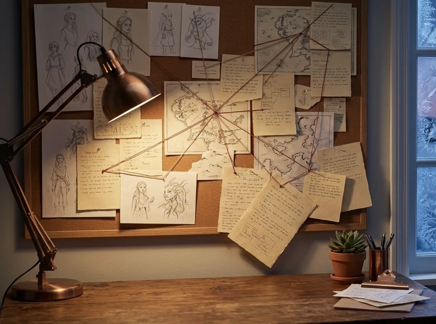 A corkboard crowded with pinned character sketches, maps, and handwritten notes connected by string
