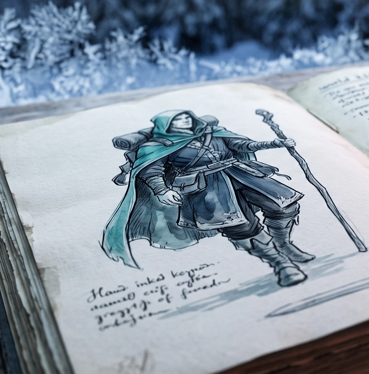 A hand-inked character study of a hooded traveler in a world bible journal