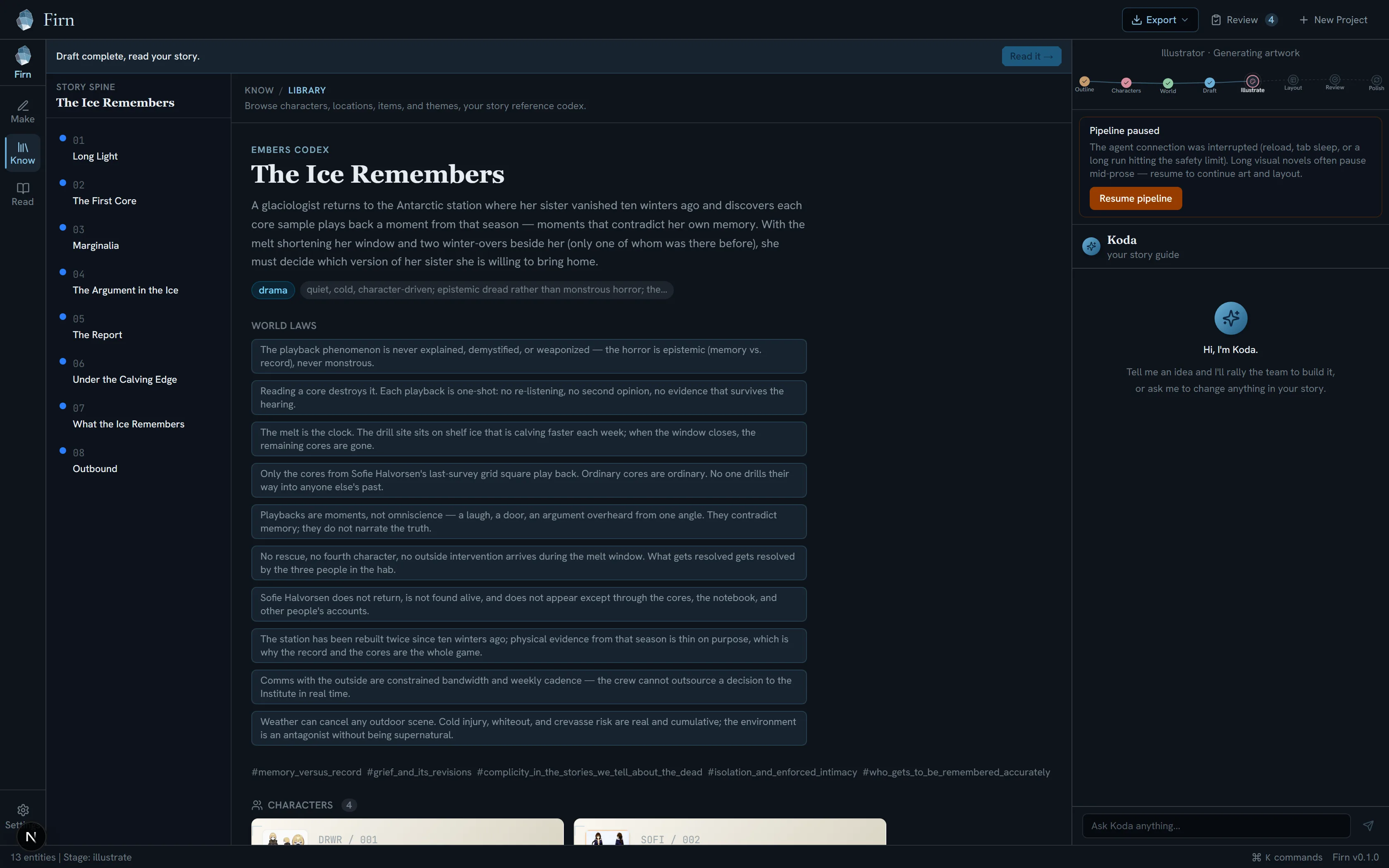 The Firn Codex showing the world laws for The Ice Remembers — ten specific rules governing how the ice playback works — above the character section.