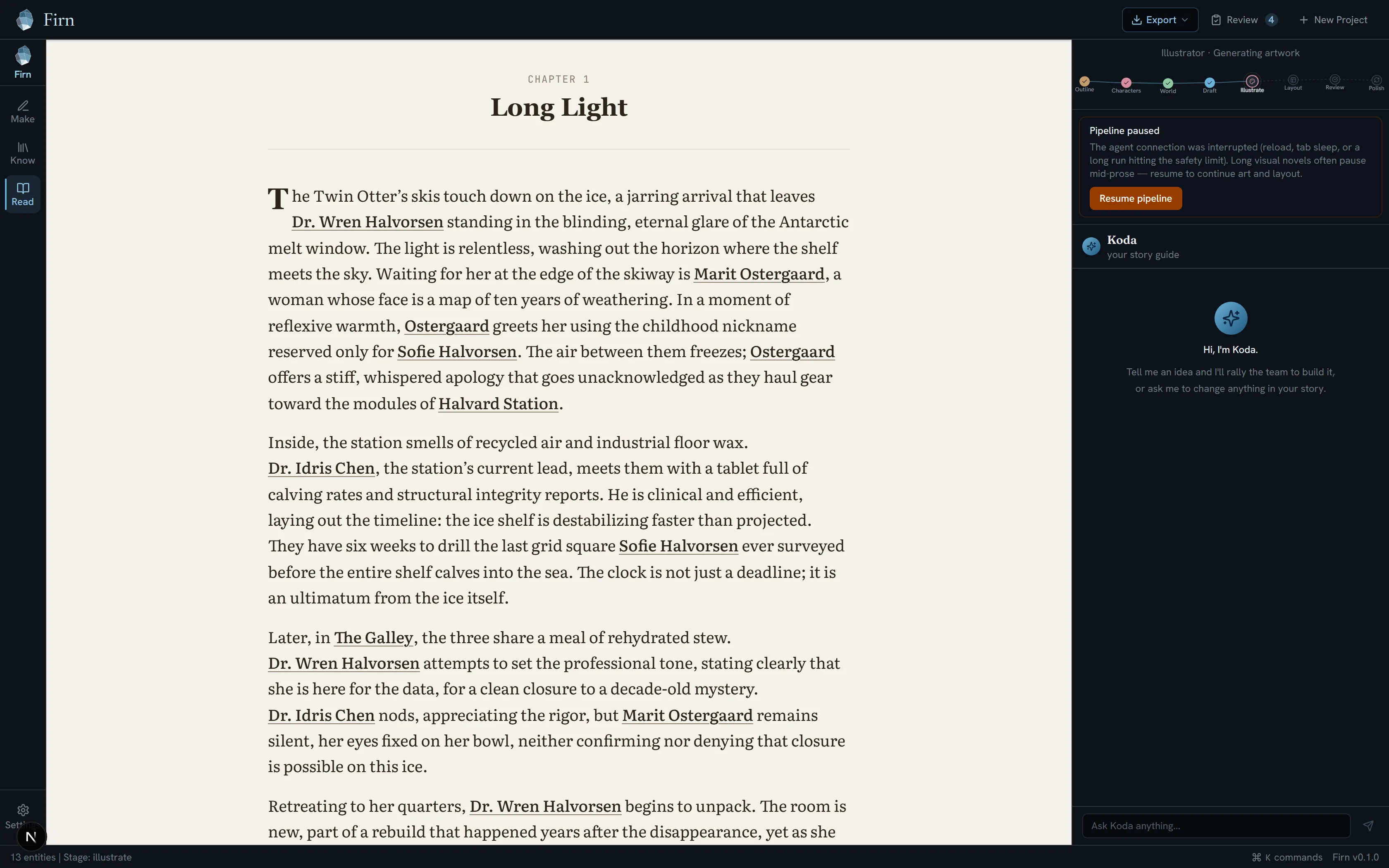 The Firn prose reader showing Chapter 1 of The Ice Remembers in a sepia theme with a drop cap, with every character and location name underlined as a live link back to the Codex.