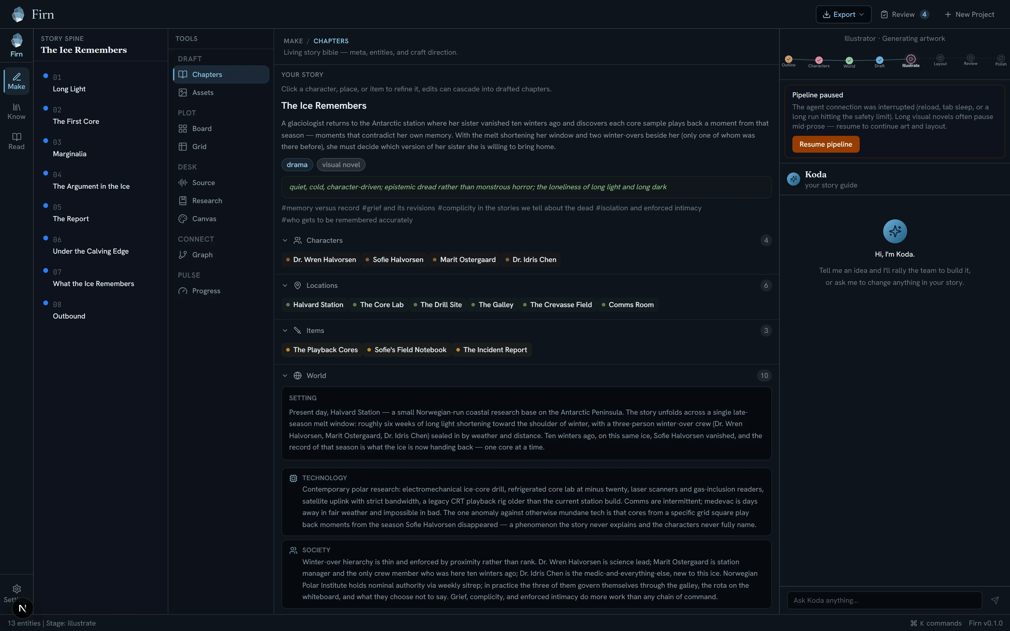 The Firn studio in Make mode, showing the story bible for The Ice Remembers: logline, themes, four characters, six locations, three items and ten world rules, with the chapter spine on the left and the Koda dock on the right.